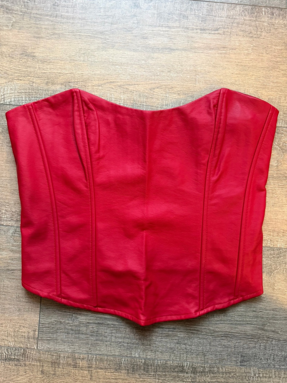 Say What? Red Strapless Faux Leather Corset Camisole